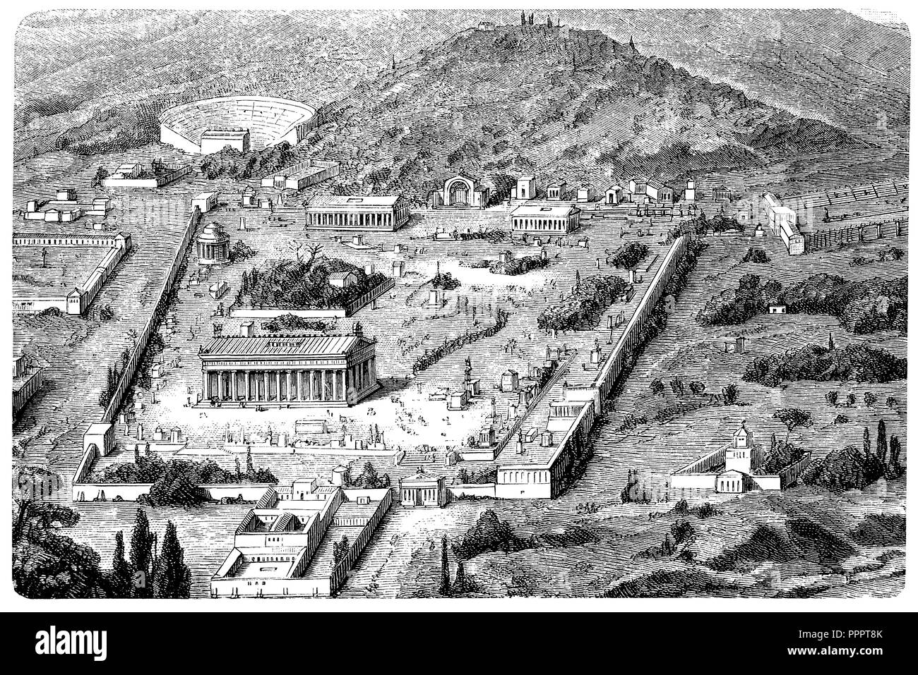 Messegelände Olympia. Von Prof. H. Müller rekonstruiert. Von links: Theater, Philippeion, Pelopion, Tempel des Zeus, Heraion, Exedra, Kronos, Treasury, Metroon, Stadion, Stockfoto