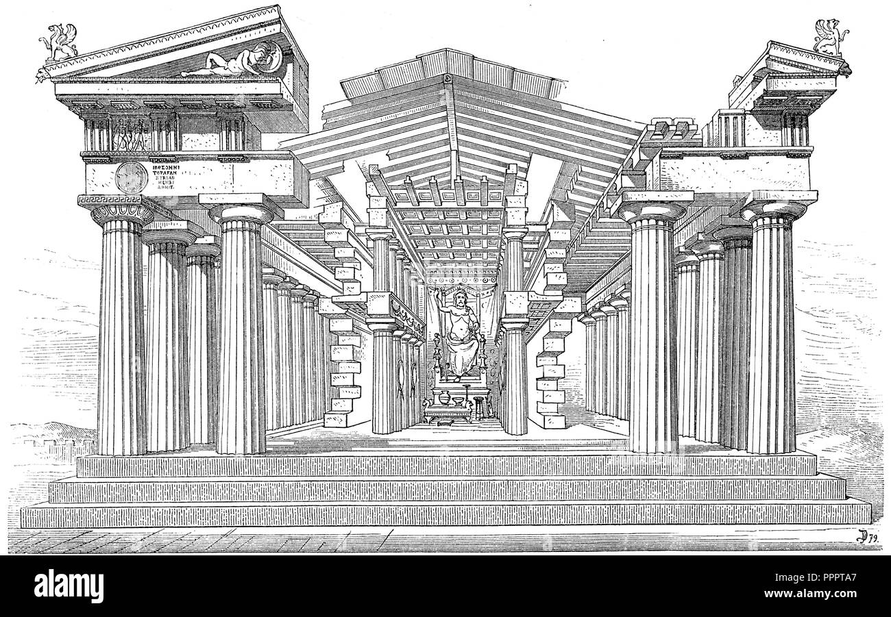 Bau eines griechischen Tempel: Der Tempel des Zeus in Olympia. Wiederaufbau des Thipiez. Nach Durm, Architektur der Griechen, Stockfoto