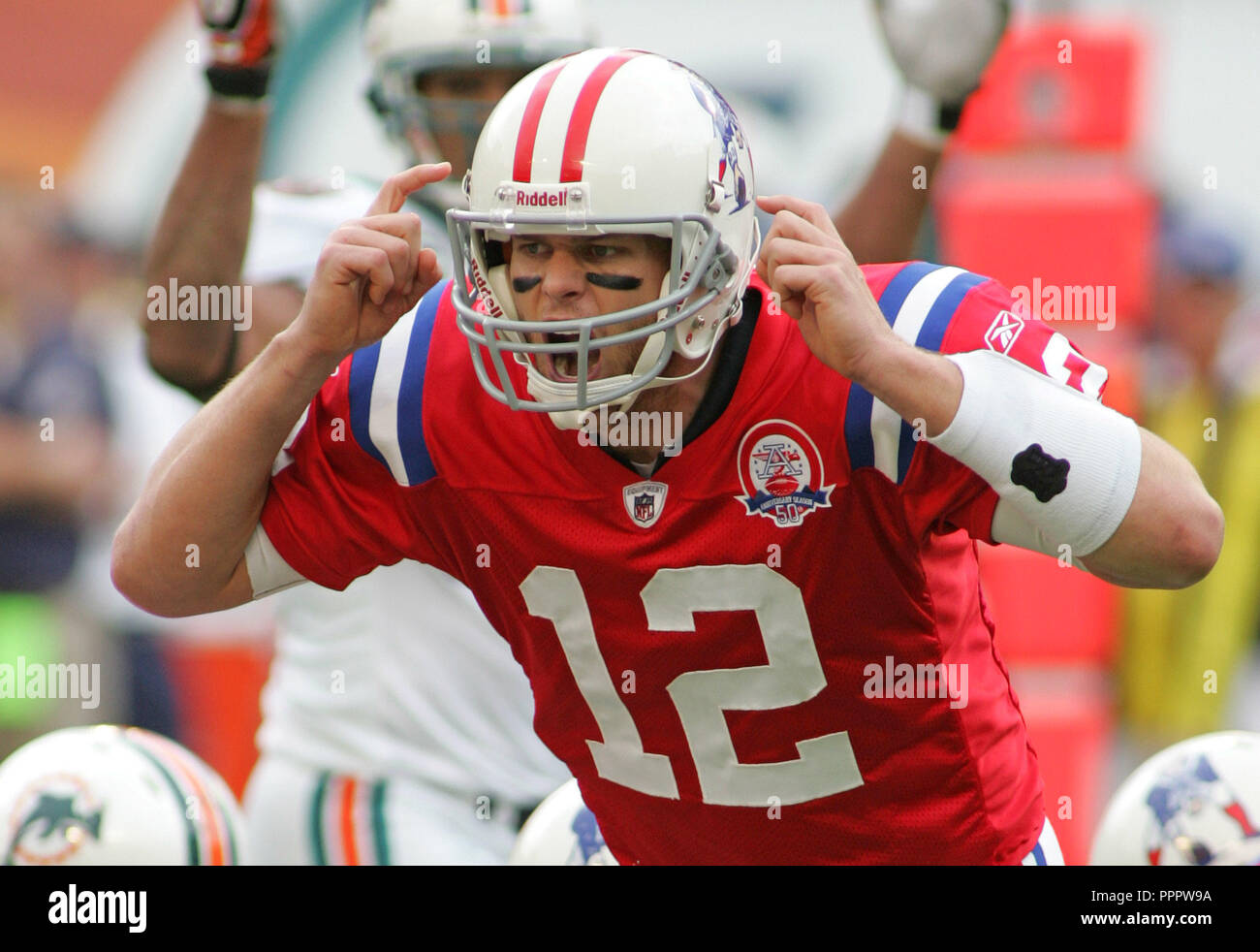 New England Patriots Quarterback Tom Brady fordert Signale gegen die Miami Dolphins an landshark Stadium in Miami am 6. Dezember 2009. Stockfoto