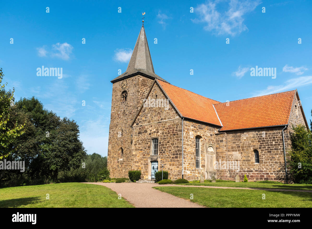Kirche, Private Homepage des Ortes Haunersdorf, Petershagen, Minden-Luebbecke, Ostwestfalen-Lippe, Nordrhein-Westfalen, Deutschland Stockfoto