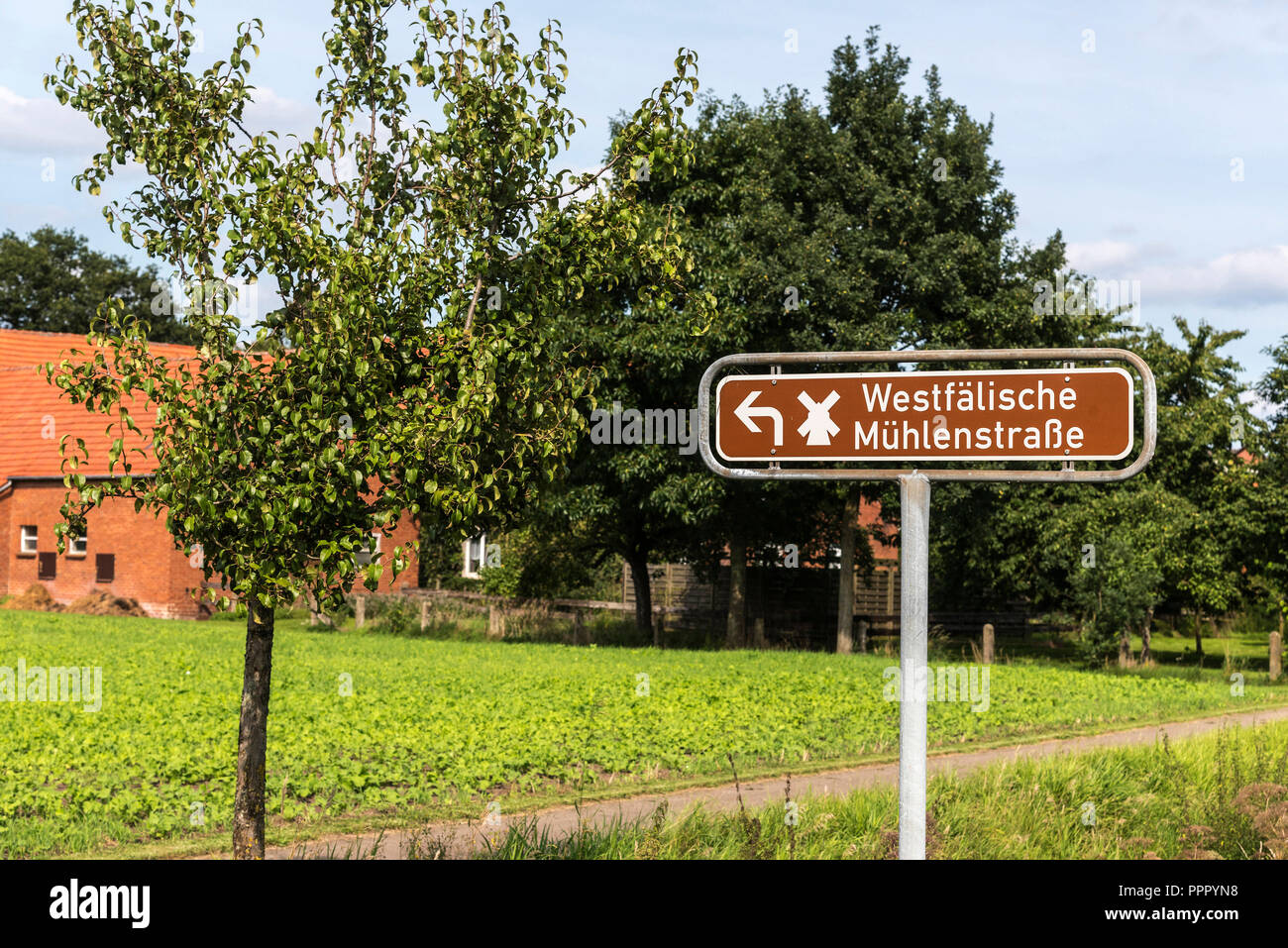 Hinweisschild, Rahden, Minden-Luebbecke, Ostwestfalen-Lippe, Nordrhein-Westfalen, Deutschland Stockfoto