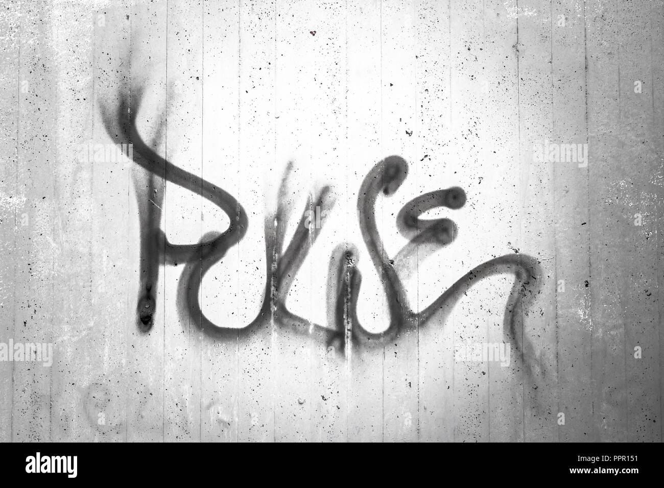Beton wand Textur mit Graffiti. Wort "Impuls" auf einem grauen rauhe Wand geschrieben. Jugend Kommunikation. Ideal für Konzepte und Hintergründe. Stockfoto