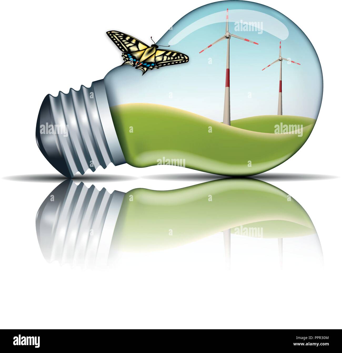 Windenergieanlagen in einer Glühlampe mit auf der Glasfassade ein Schmetterling, grüne Energie Konzept, ökologische Konzept Stock Vektor