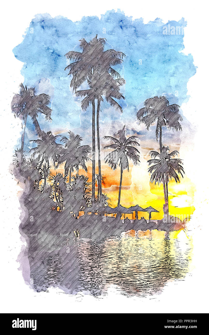 Aquarell und Abbildung: Sonnenuntergang im Tropical Beach Resort. Stockfoto