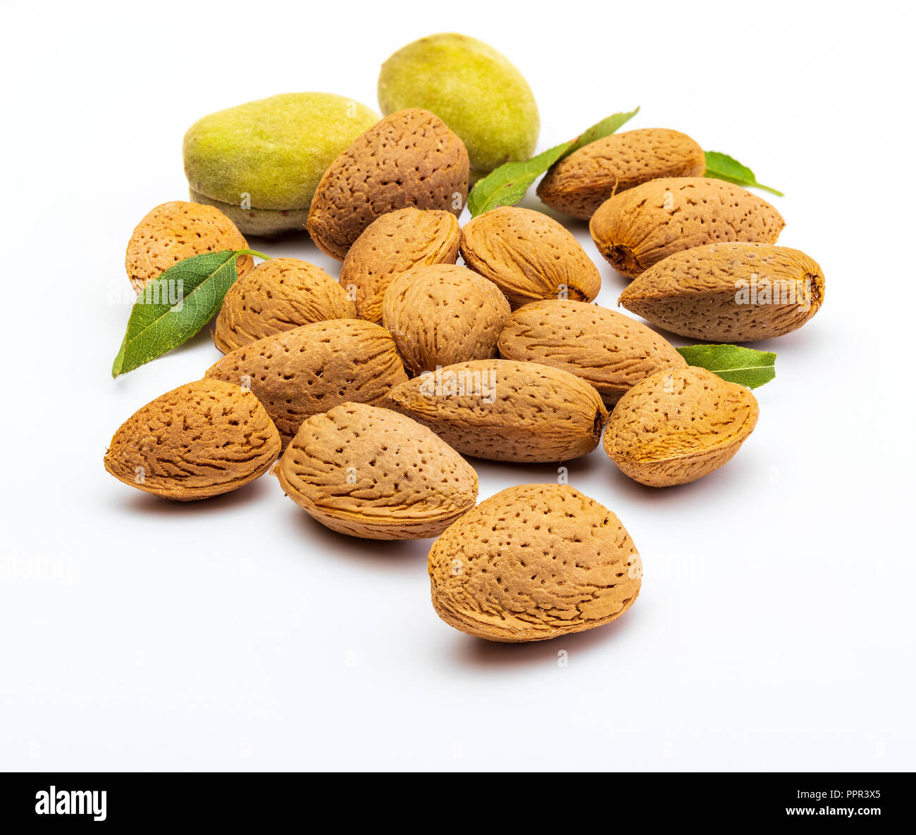 Rohe Mandeln, geschält, mit Schale, Haut (almendrucos) und Mandel Blätter. Auf weissem Hintergrund. Stockfoto
