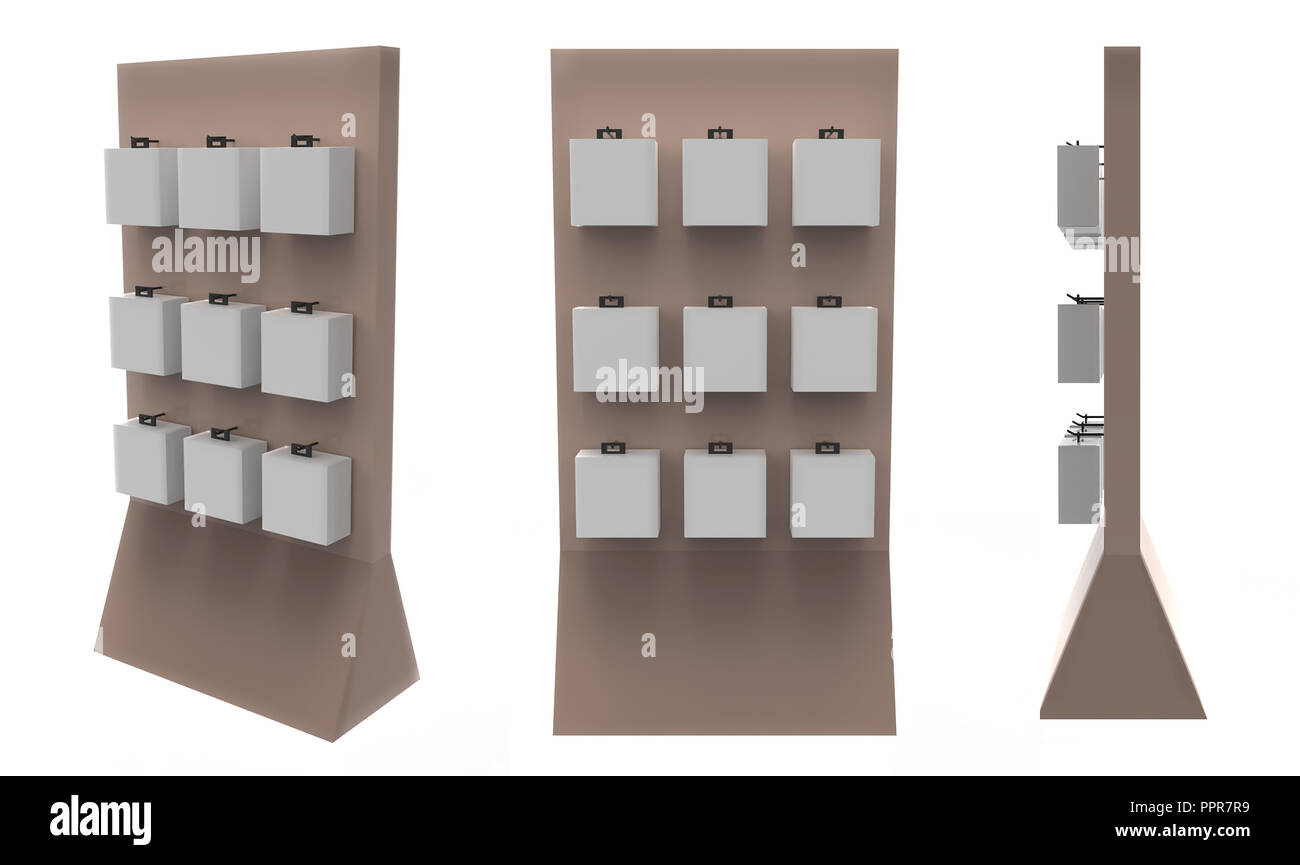 Telefon Zubehör Ständer, retail Display stand mit Haken für Produkt-, Anzeige steht auf weißem Hintergrund. 3D-Darstellung Stockfoto