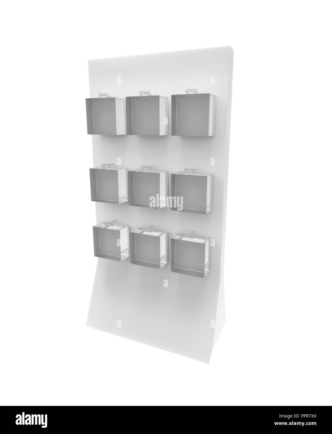 Telefon Zubehör Ständer, retail Display stand mit Haken für Produkt-, Anzeige steht auf weißem Hintergrund. 3D-Darstellung Stockfoto