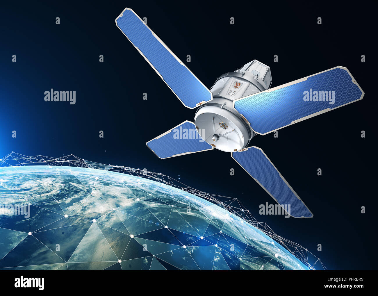 Sci-Fi sattellite auf die Umlaufbahn der Erde. Elemente dieses Bild von der NASA eingerichtet. 3D-Darstellung Stockfoto