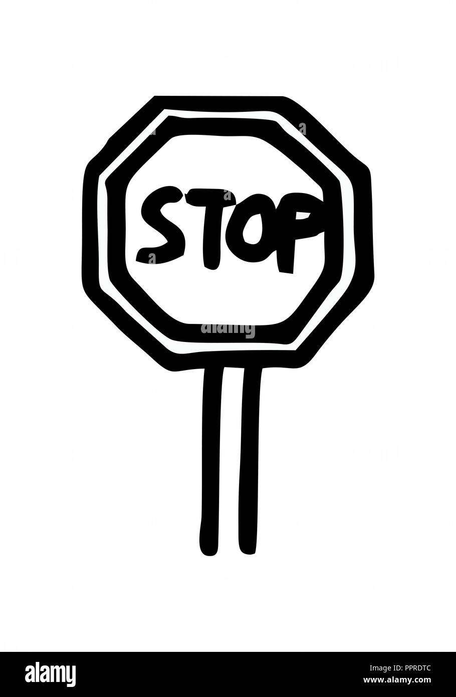 Freehand Illustration eines Stop Traffic sign. Schwarzen umrissen auf weißem Hintergrund. Stock Vektor