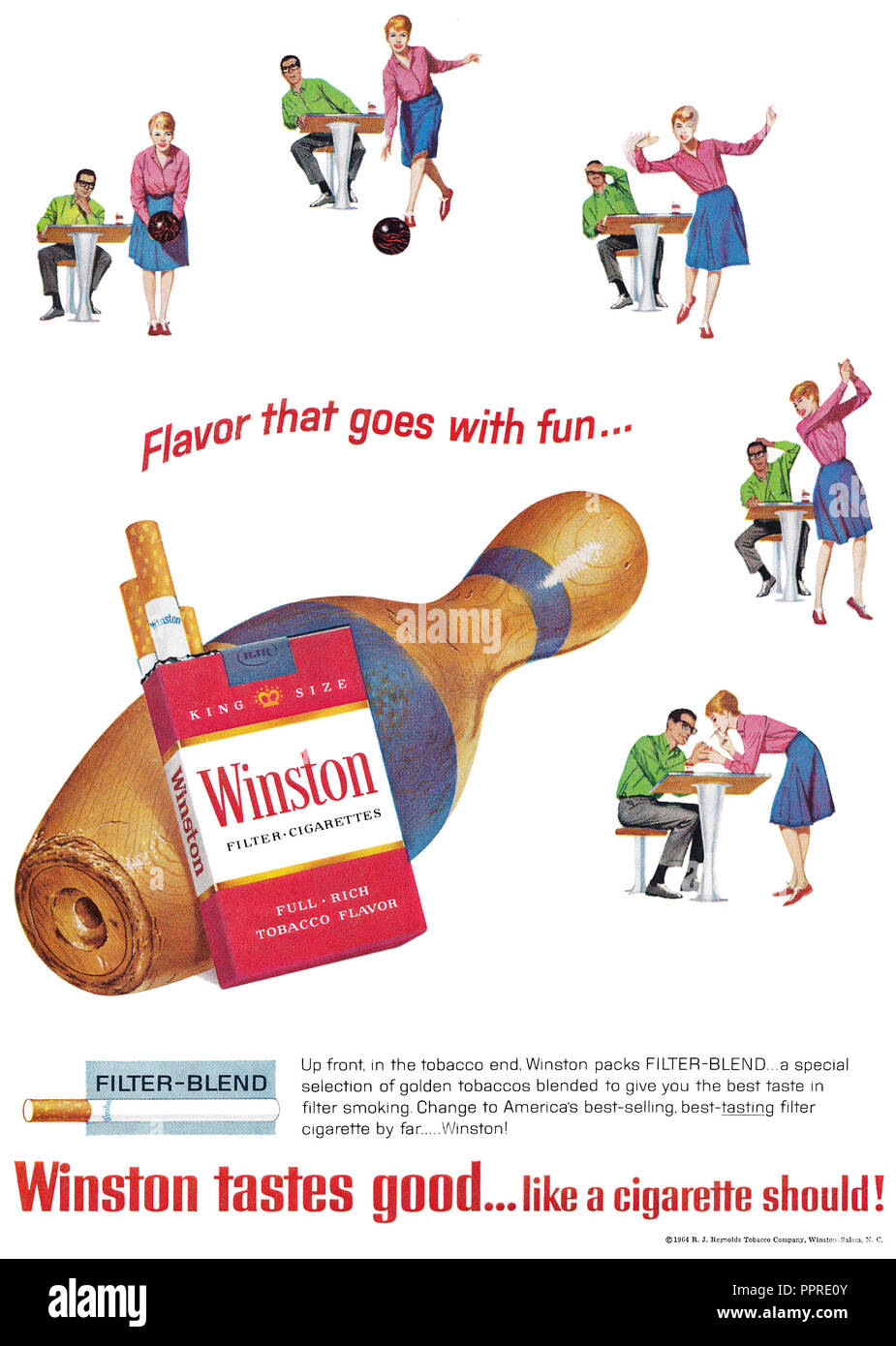 1965 US-Werbung für Zigaretten Winston Kiing Größe gefiltert. Stockfoto