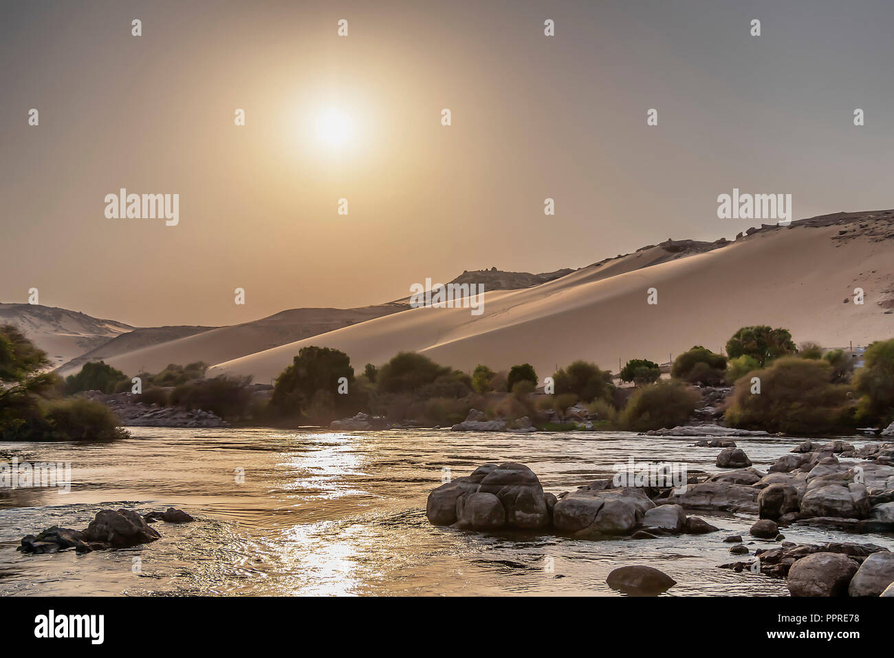 Auf dem Weg zum nubischen Dorf bei Sonnenuntergang, Segeln der Nil durch die Dünen der Wüste Assuan, Ägypten Stockfoto