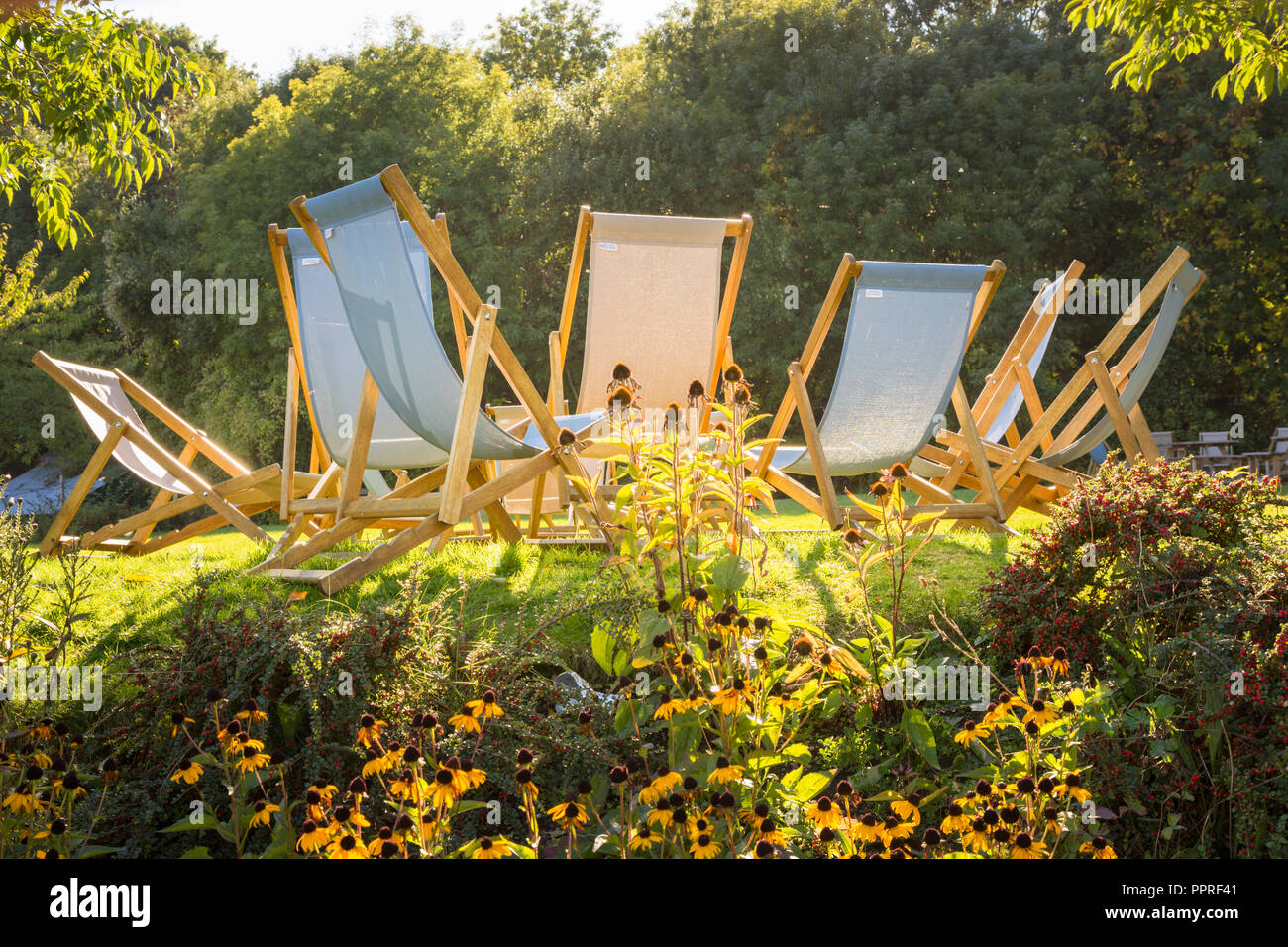 Acht Leere Liegestühle in einem Kreis in der warmen Sonne UK Stockfoto