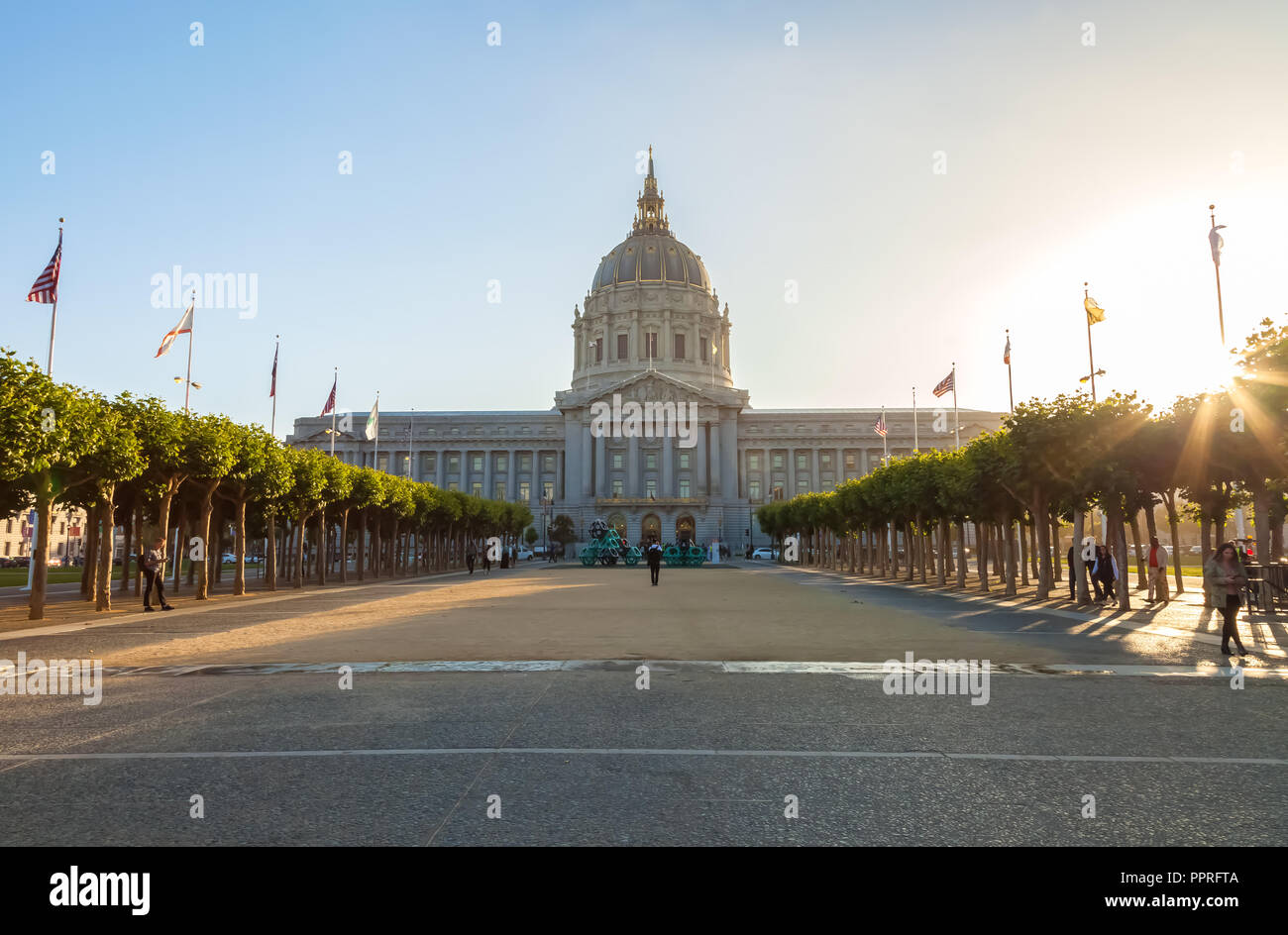 London Platanen am Civic Center, mit der San Francisco Rathaus im Hintergrund, Kalifornien, USA, bei Sonnenuntergang. Stockfoto