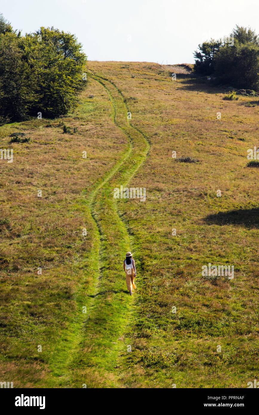 Weibliche Wanderer auf einem Berg aufwärts Stockfoto