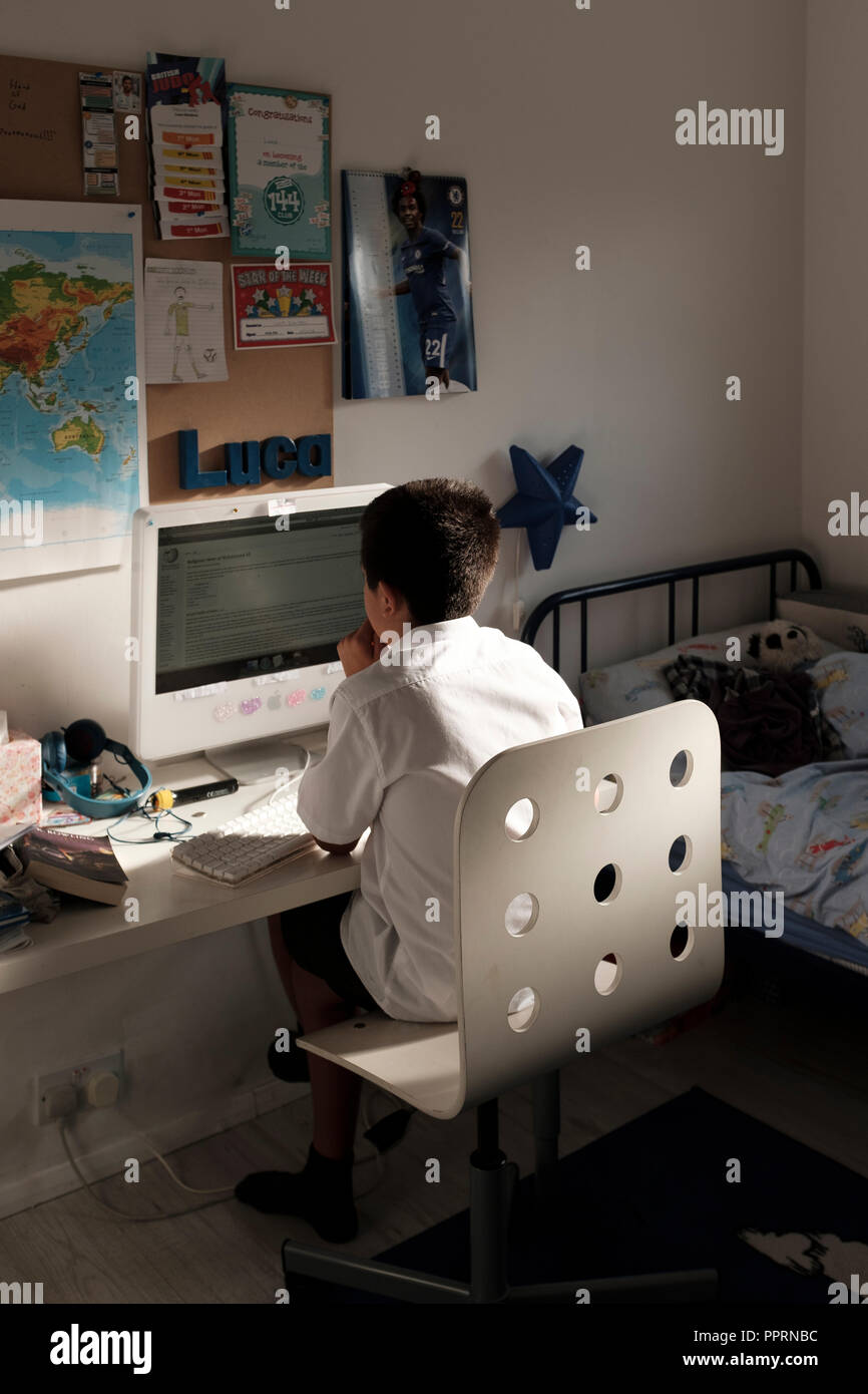 UK, Surrey-Schoolboy-11 Jahre alt, Studien zu Hause Stockfoto