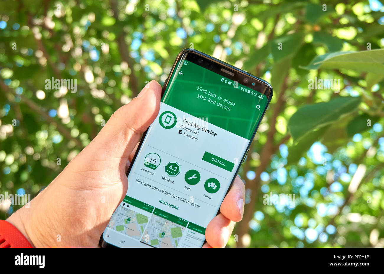 MONTREAL, KANADA - 28. August 2018: Google mein Gerät suchen android app auf Samsung S8-Bildschirm. Stockfoto