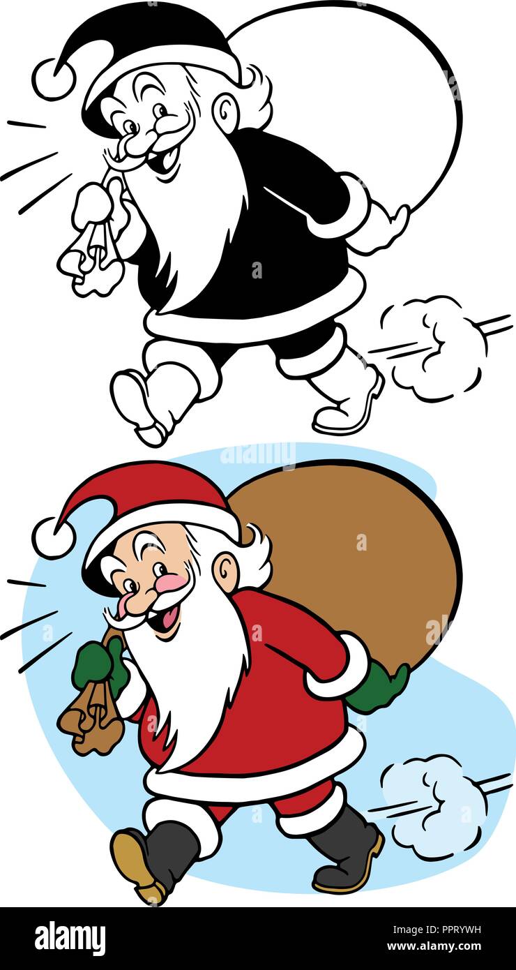 Santa Claus liefert Weihnachtsgeschenke in einen Sack mit Schlingen über die Schulter. Stock Vektor