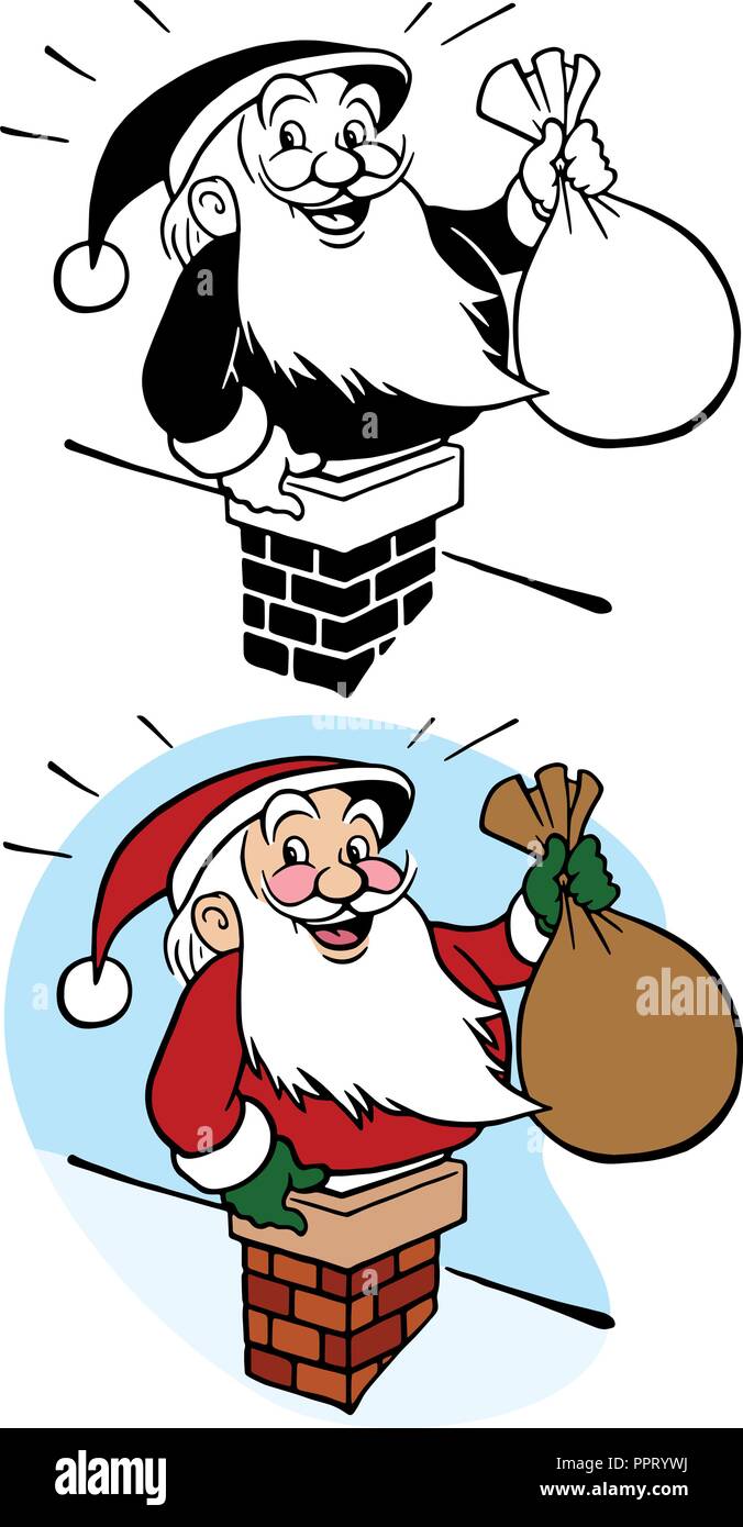 Santa Claus kommt aus einem Schornstein mit einem Sack von Weihnachtsgeschenken. Stock Vektor