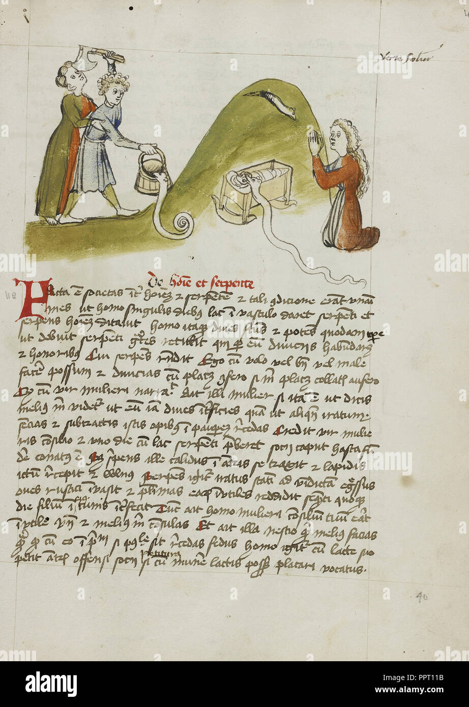 Eine Frau im Gebet und eine Schlange auf einem nahe gelegenen Hügel; ein Mann, der versucht, eine Schlange mit einem Ax; Trier, wahrscheinlich, Deutschland zu töten Stockfoto