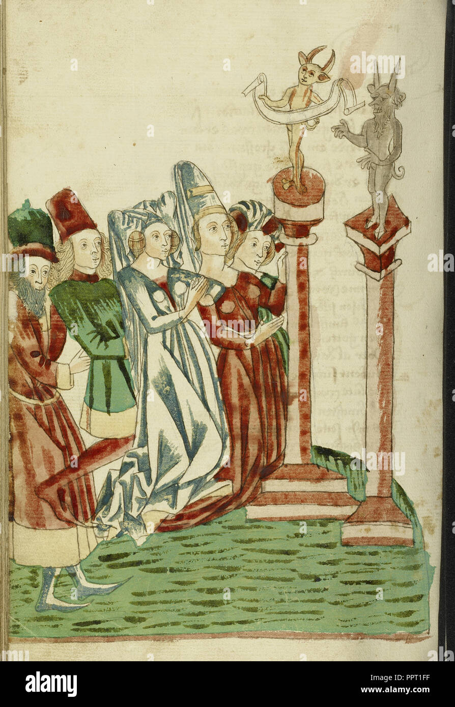 Eine Gruppe von Männern und Frauen Gottesdienst zwei Götzen; Nachfolger von Hans Schilling, Deutsch, aktiv 1459 - 1467) Stockfoto