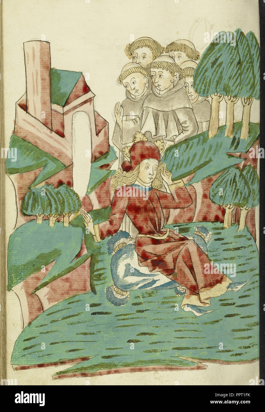 Josaphat sitzt Träumen in einer Landschaft, und mehrere Mönche im Hintergrund; Nachfolger von Hans Schilling, Deutsch, aktive 1459 Stockfoto