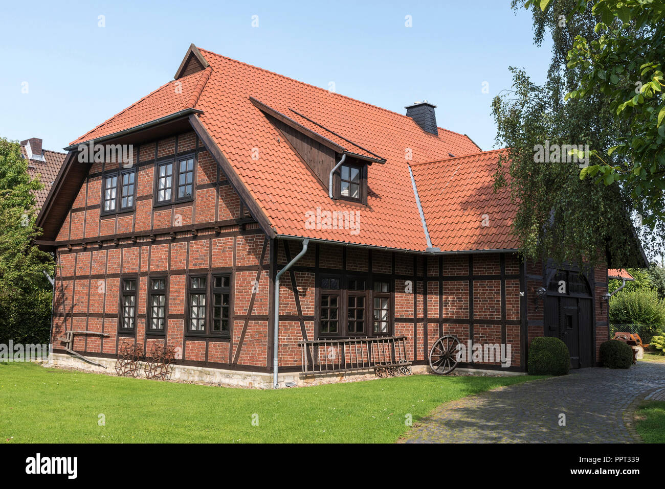 Fachwerkhaus, Museum, Windmühle, Duetzen, Minden-Luebbecke, Ostwestfalen-Lippe, Nordrhein-Westfalen, Deutschland, Dützen Stockfoto