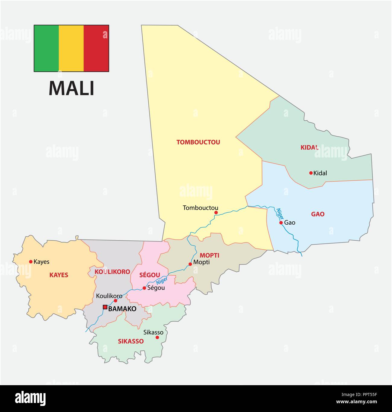 Republik Mali administrative und politische Vektorkarte mit Fahne. Stock Vektor