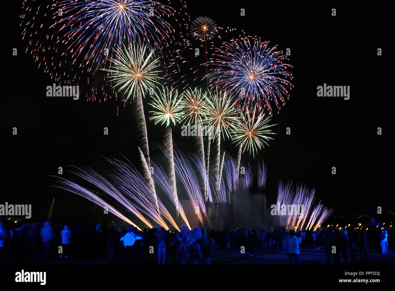 Farbenfrohe Chrysanthemen, Palmen und Kometen über Krylatskoye Stockfoto