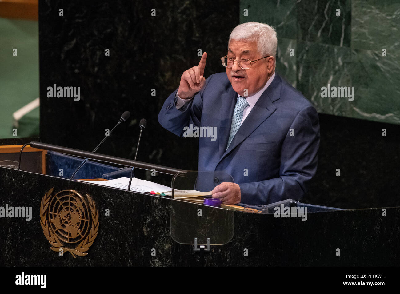 New York, USA, 27. September 2018. Mahmud Abbas, Präsident der Palästinensischen Staat, Adressen der 73. Generalversammlung der Vereinten Nationen am UN-Hauptquartier in New York City. Foto von Enrique Shore Credit: Enrique Ufer/Alamy leben Nachrichten Stockfoto