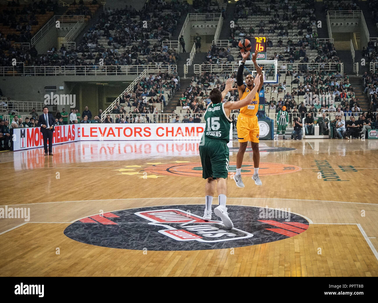 Athen, Griechenland. 27 Sep, 2018. Malcom Thomas von BC Khimki in Aktion während des Turniers Pavlos Giannakopoulos zwischen Panathinaikos und Khimki in Athen Olympic Indoor Hall. Credit: Ioannis Alexopoulos/SOPA Images/ZUMA Draht/Alamy leben Nachrichten Stockfoto