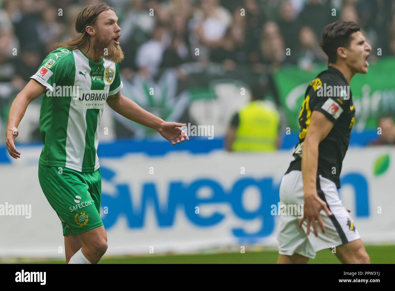 SOLNA, Schweden, Sept. 23, 2018: Derby zwischen AIK und Hammarby in der schwedischen Allsvenskan. Beide Mannschaften in der oberen, AIK mit 1-0 gewonnen Stockfoto