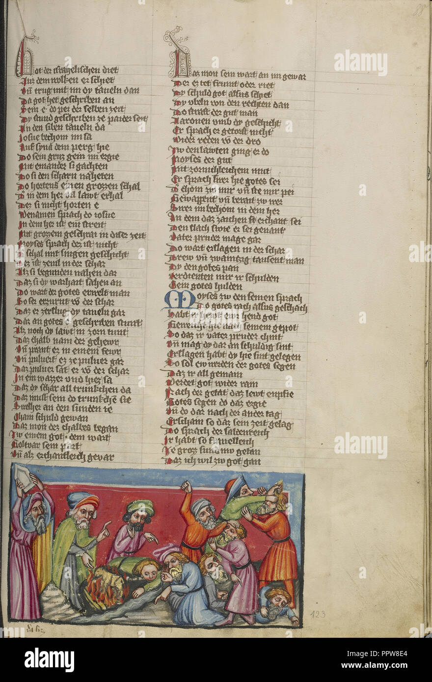 Mose brechen die Tafeln des Gesetzes und Brennen das Goldene Kalb; Regensburg, Bayern, Deutschland; ca. 1400 - 1410; Tempera Stockfoto