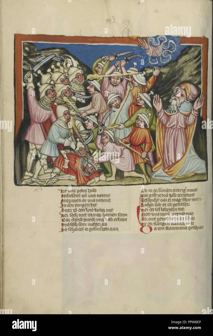 Die Niederlage der Amoriter, Regensburg, Bayern, Deutschland; ca. 1400 - 1410; Tempera Farben, gold, silber Lack und Tinte Stockfoto