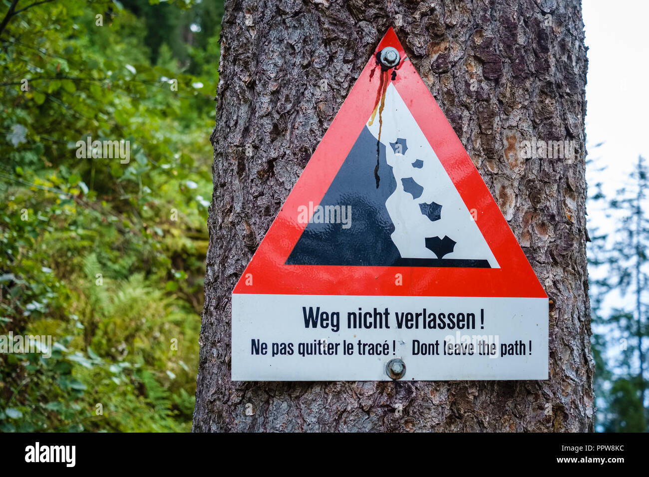 Dieses Zeichen auf einem Baum in der Nähe der Schweizer Stadt Wengen, warnt Reisende und Wanderer für die Gefahren, die auftreten, wenn der Pfad verlassen können. Stockfoto