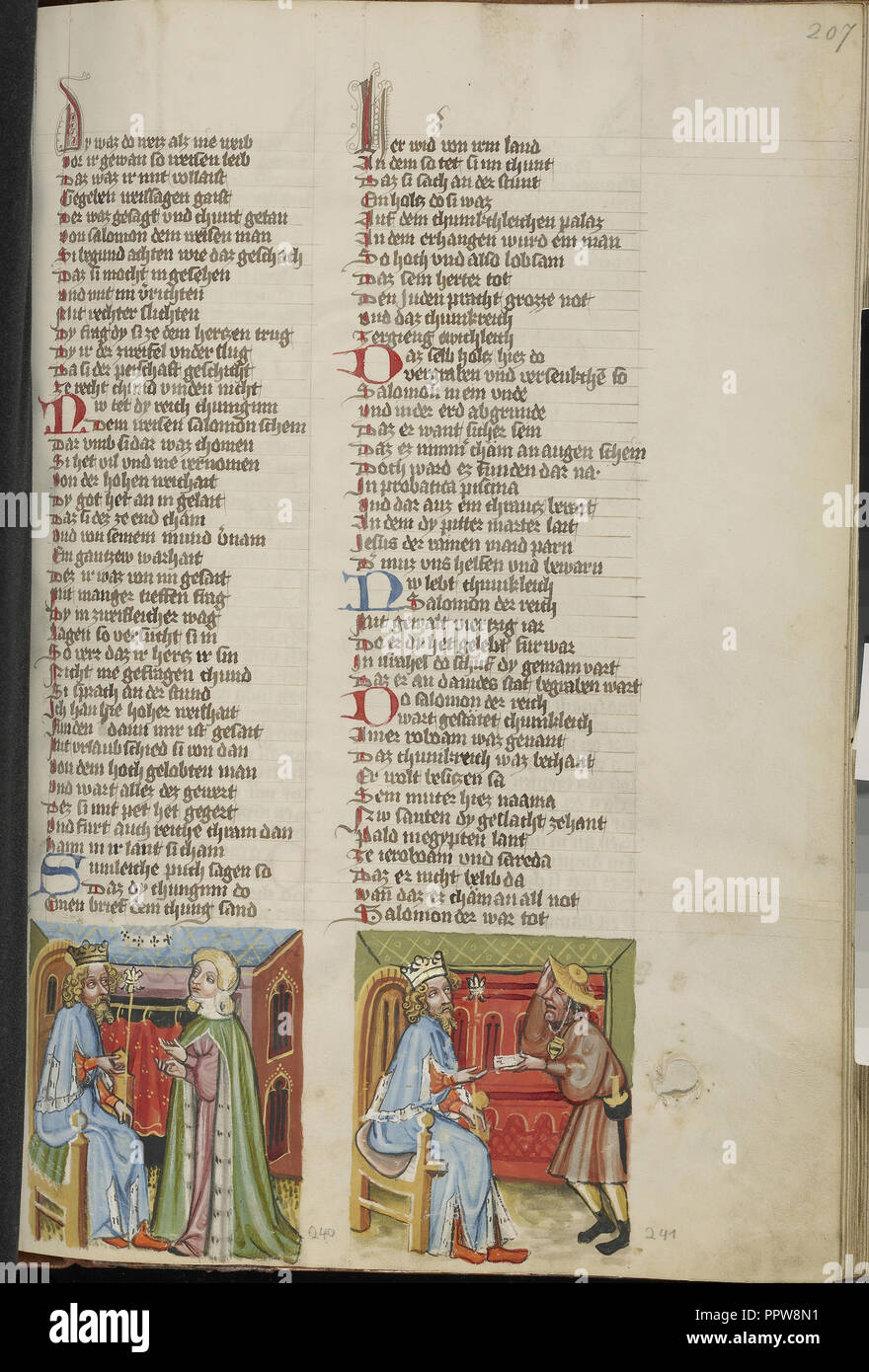 Salomo und die Königin von Saba; ein Messenger sieht Salomo; Regensburg, Bayern, Deutschland; ca. 1400 - 1410; Tempera Farben, gold Stockfoto