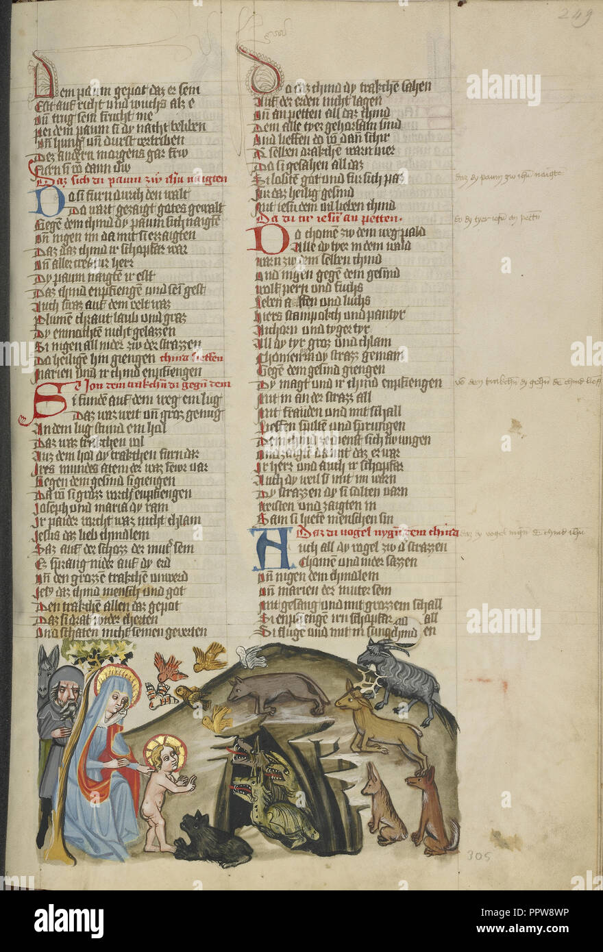 Die Tiere erkennen Jesus; Regensburg, Bayern, Deutschland; ca. 1400 - 1410; Tempera Farben, gold, silber Lack und Tinte Stockfoto