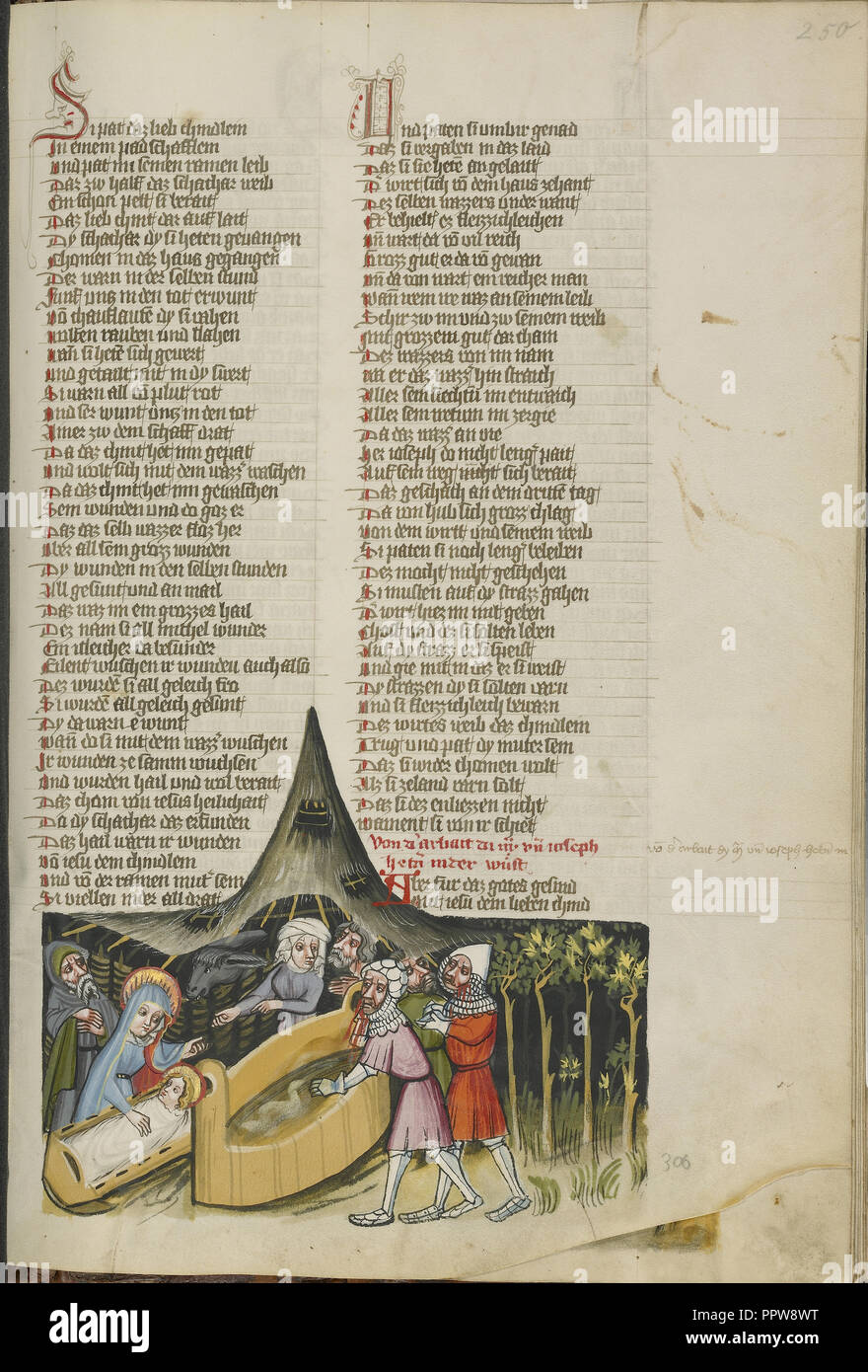 Jesus Heilung der Wunden der Beraubten Kaufleuten, Regensburg, Bayern, Deutschland; ca. 1400 - 1410; Tempera Farben, Gold, Silber Stockfoto