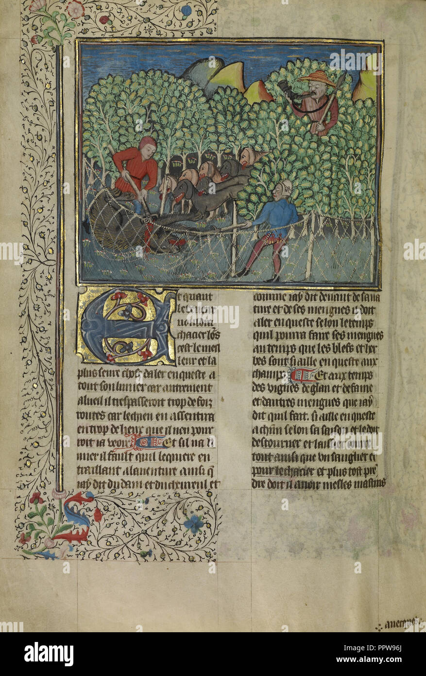 Jäger und Hunde Einfangen eines Tragen; Bretagne, Frankreich; ca. 1430 - 1440; Tempera Farben, Gold Farbe, Lack, Silber und Gold Leaf Stockfoto