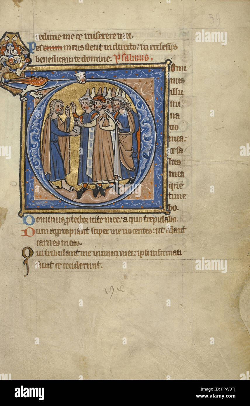 Initial D: Judas empfangen die dreißig Silberlinge; Brügge, Belgien; mid-1200s; Tempera Farben, Gold Leaf Stockfoto