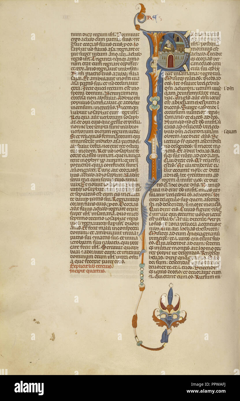 Erste P: ahasja Stolpern von einem Fenster; Bologna, Emilia-Romagna, Italien; ca. 1280 - 1290; Tempera Farben, Blattgold und Tinte Stockfoto