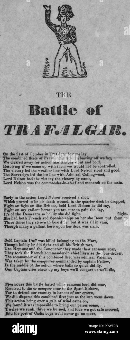 Breitseite mit dem Titel "Die Schlacht von Trafalgar". Stockfoto
