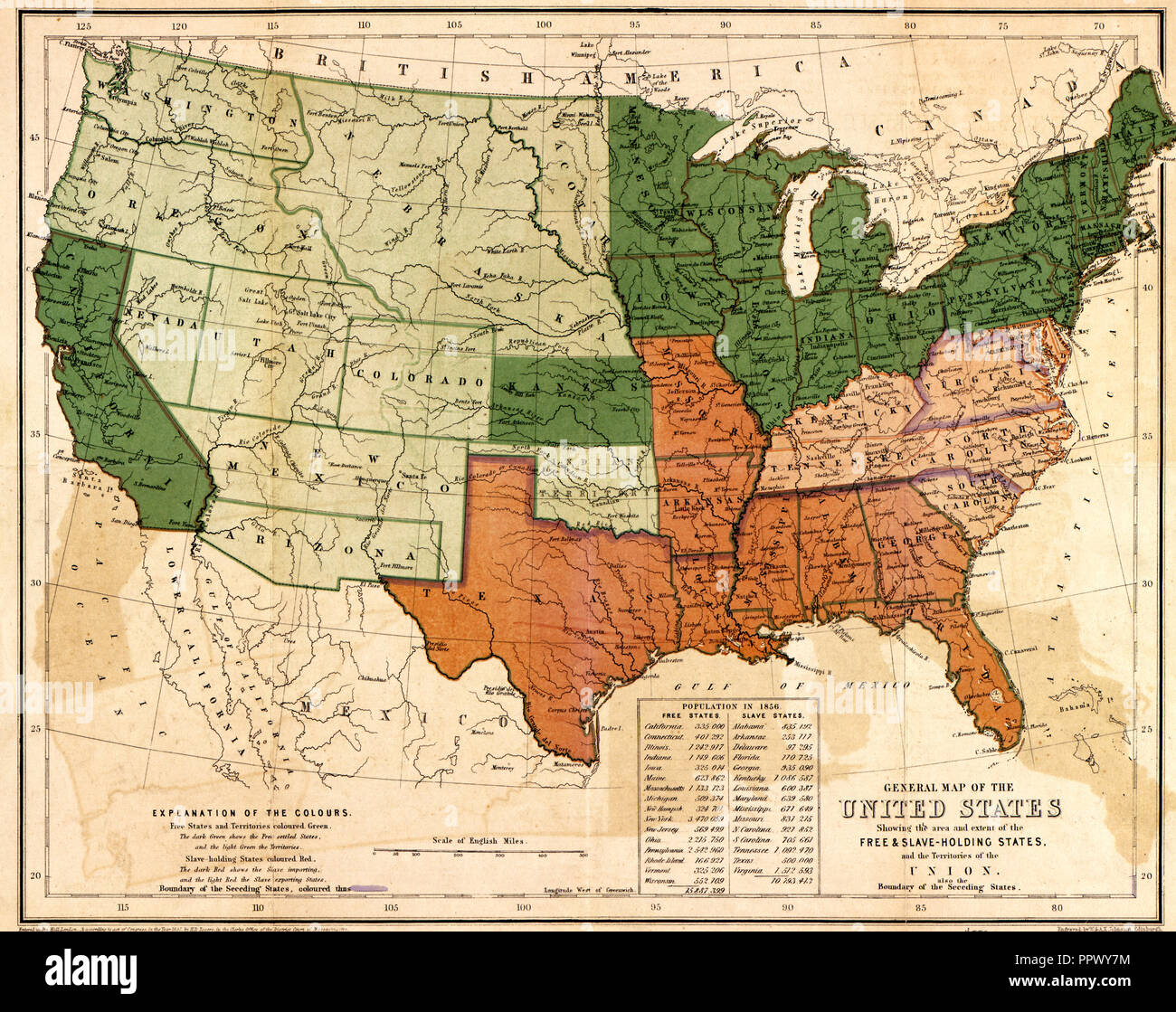 Allgemeine Karte der USA, die den Bereich und Umfang der Frei & slave-Holding, und die Gebiete der Union: auch die Grenze der Trennung, ca. 1861 Stockfoto