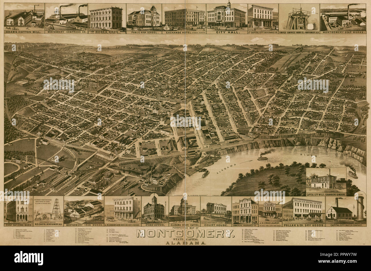 Kartenansicht von Montgomery, die Hauptstadt des Staates Alabama, ca. 1887 Stockfoto