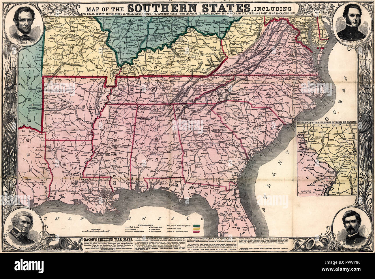 Karte der südlichen Staaten, einschließlich Bahn Straßen, Kreisstädte, Hauptstädte, Kreisstraßen, die südliche Küste von Florida nach Texas, mit den Häfen, Buchten, Forts und Position der Blockade von Schiffen. Ca. 1863 Stockfoto
