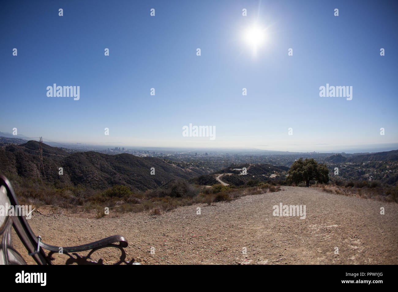 Atemberaubenden Panoramablick von West Los Angeles von kenter Trail Wanderung in Brentwood. Mit Blick auf die Santa Monica, Beverly Hills, Hollywood, Culver City mit Downtown LA in den Horizont. Stockfoto