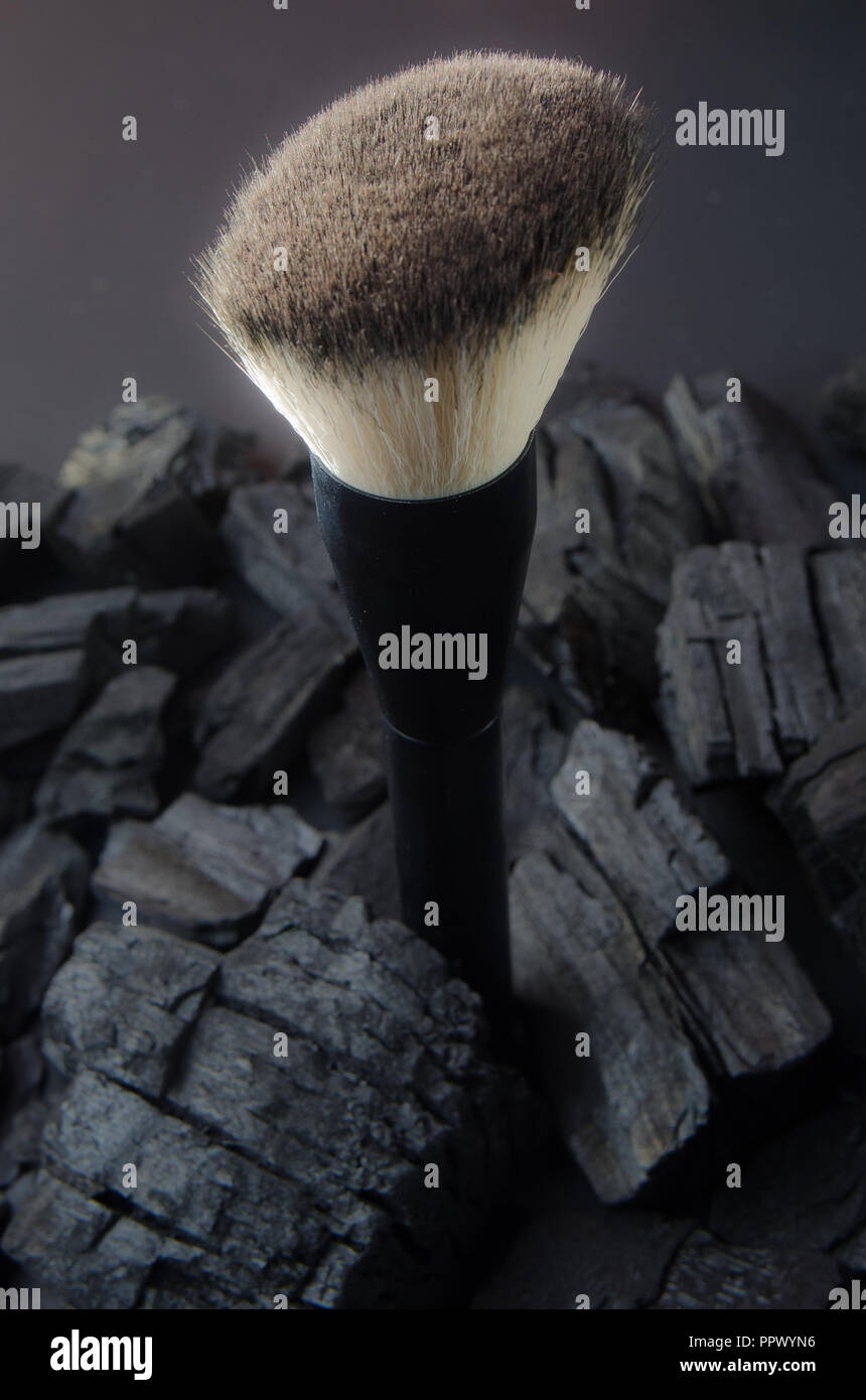 Make-up-Pinsel durch Carbon Textur umgeben, elegante Konzept der Bürsten. Schwarz gehalten und mit einem kreativen Touch der Beleuchtung. Stockfoto