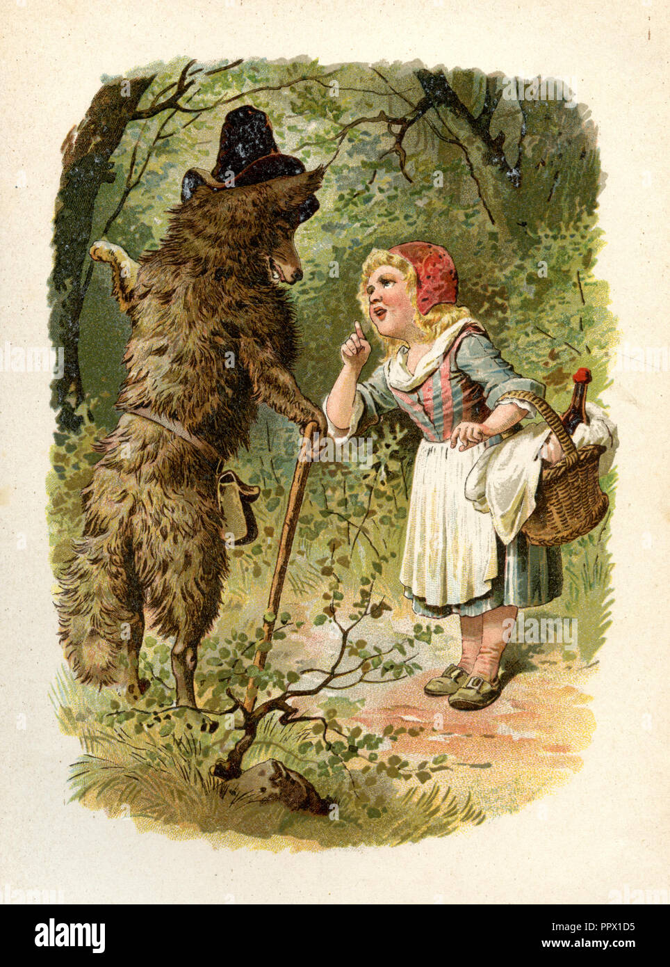Rotkäppchen und der Wolf im Wald, Stockfoto