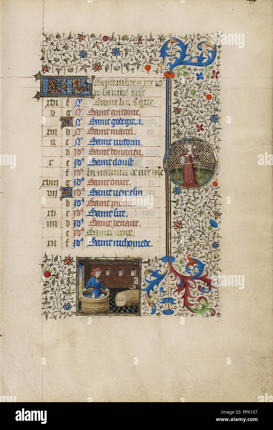 Ein Mann und eine Kelter; Tierkreiszeichen Waage; Workshop des Bedford Master, Französisch, Aktiv, erste Hälfte 15. Jahrhundert Stockfoto
