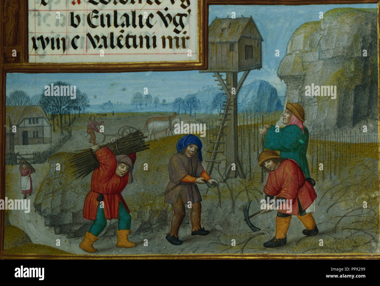Arbeiten im Weinberg; Tierkreiszeichen Fische; Workshop des Meisters von James IV. von Schottland, Flämisch, vor 1465 Stockfoto
