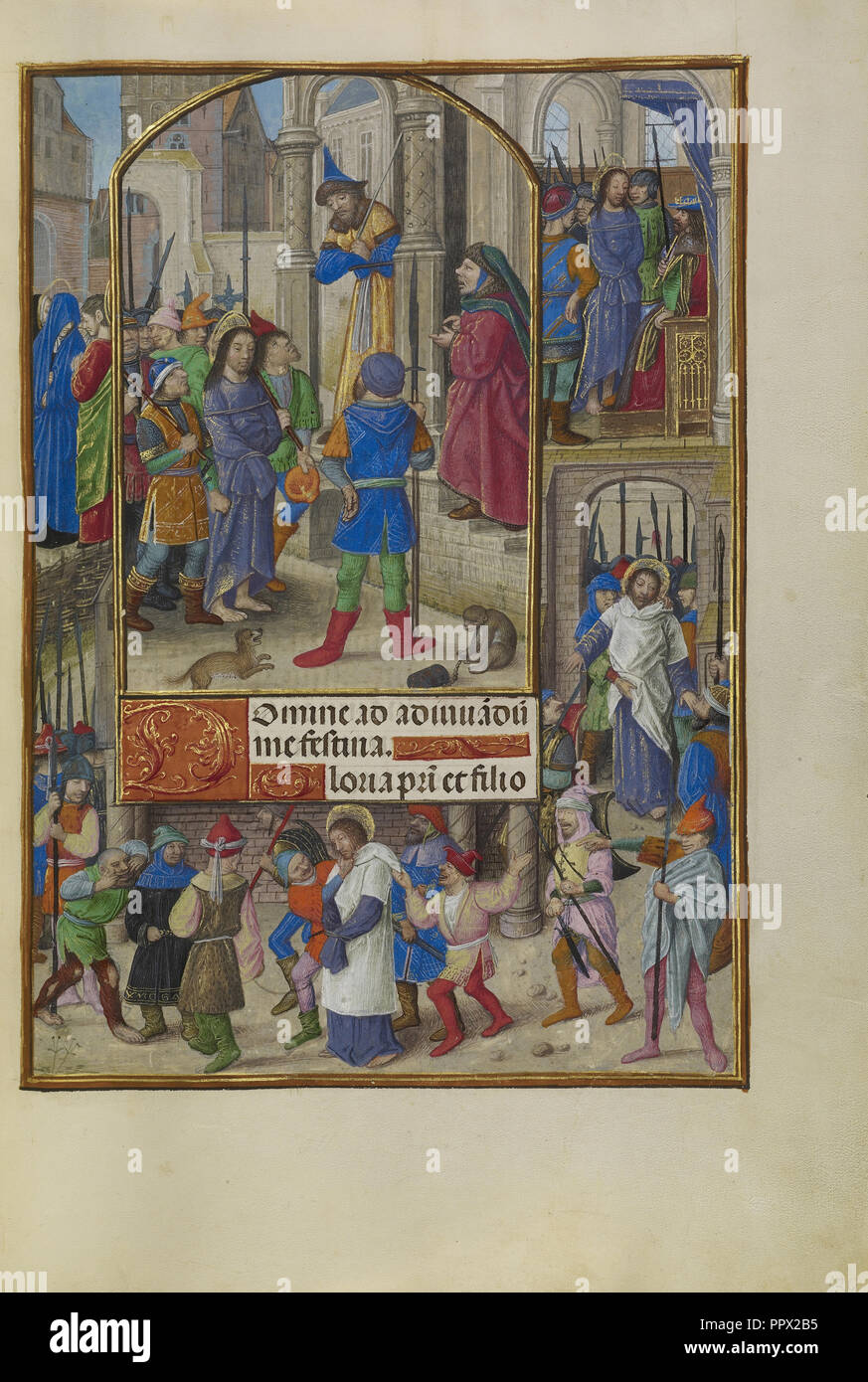 Christus vor Kaiphas, Master der Dresdener Gebetbuch, Flämisch, aktiv um 1480 - 1515, Brügge, Belgien; über 1510 Stockfoto